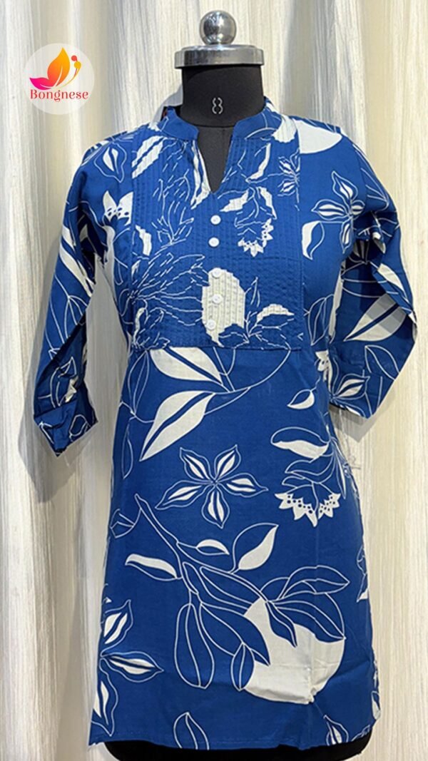 Blue Color Flower Printed Hip-Cover Short Kurti