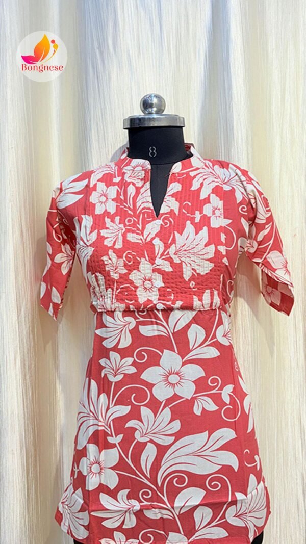 Peach Color Flower Printed Hip-Cover Short Kurti