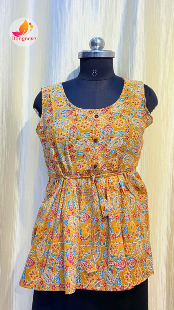 Yellow Ajrakh Printed Sleeveless Peplum-Style Short Kurti
