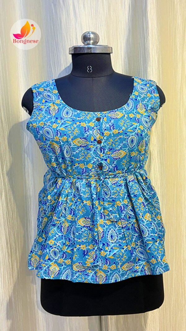 Sky Blue Ajrakh Printed Sleeveless Peplum-Style Short Kurti