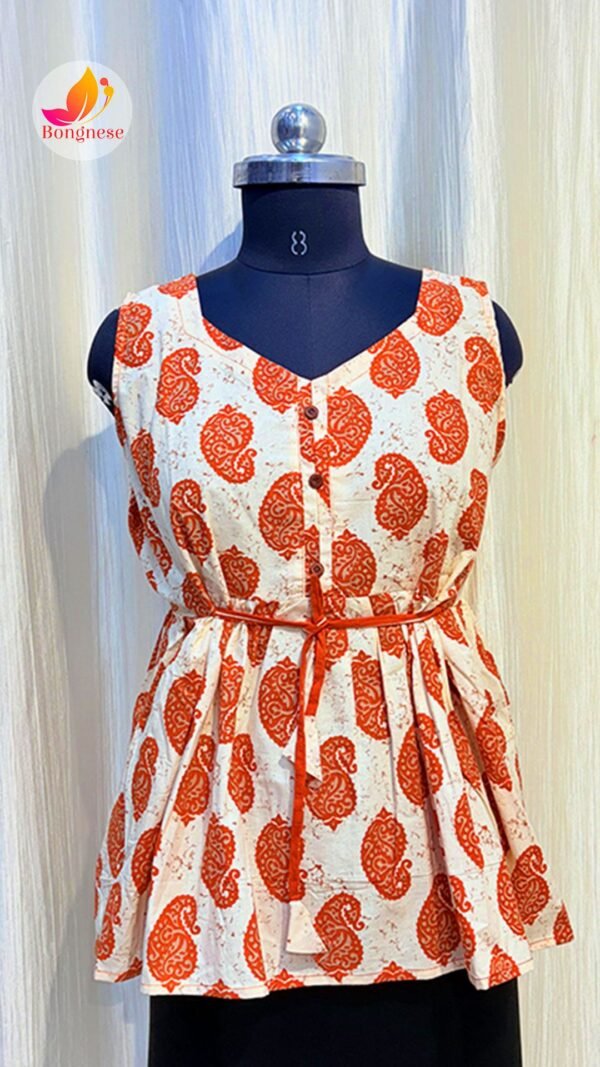 Orange Ajrakh Printed Sleeveless Peplum-Style Short Kurti