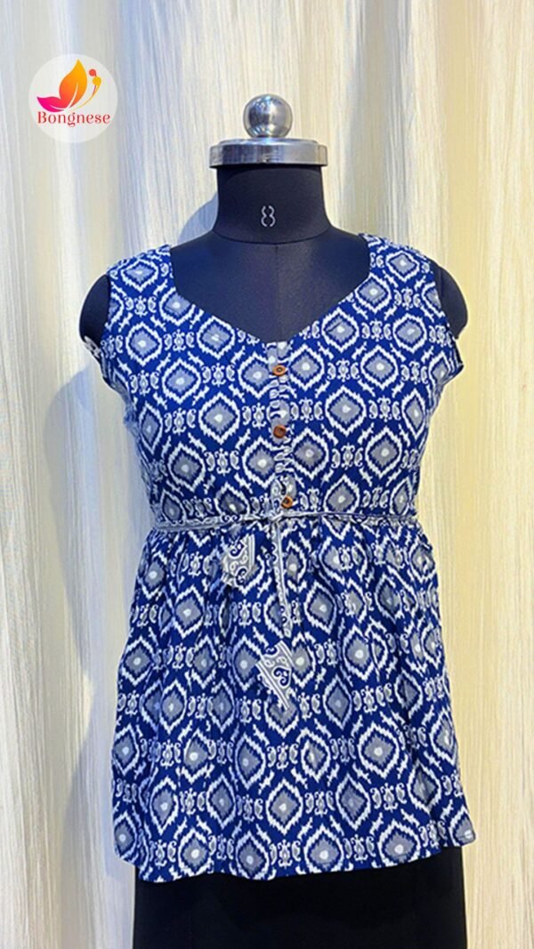 Blue Indigo Printed Sleeveless Peplum-Style Short Kurti