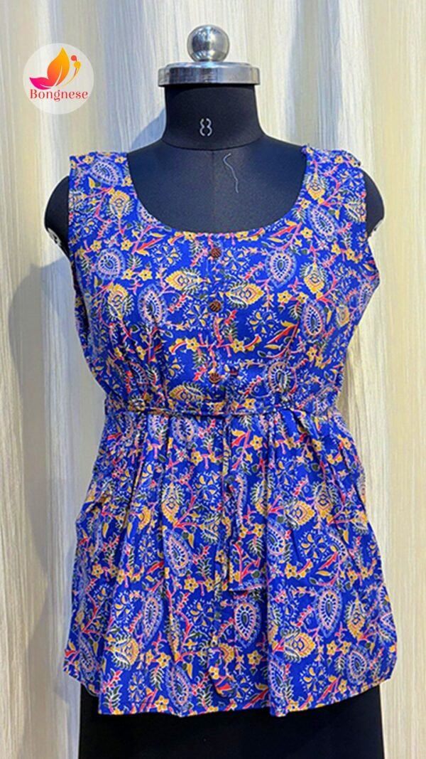 Blue Ajrakh Printed Sleeveless Peplum-Style Short Kurti