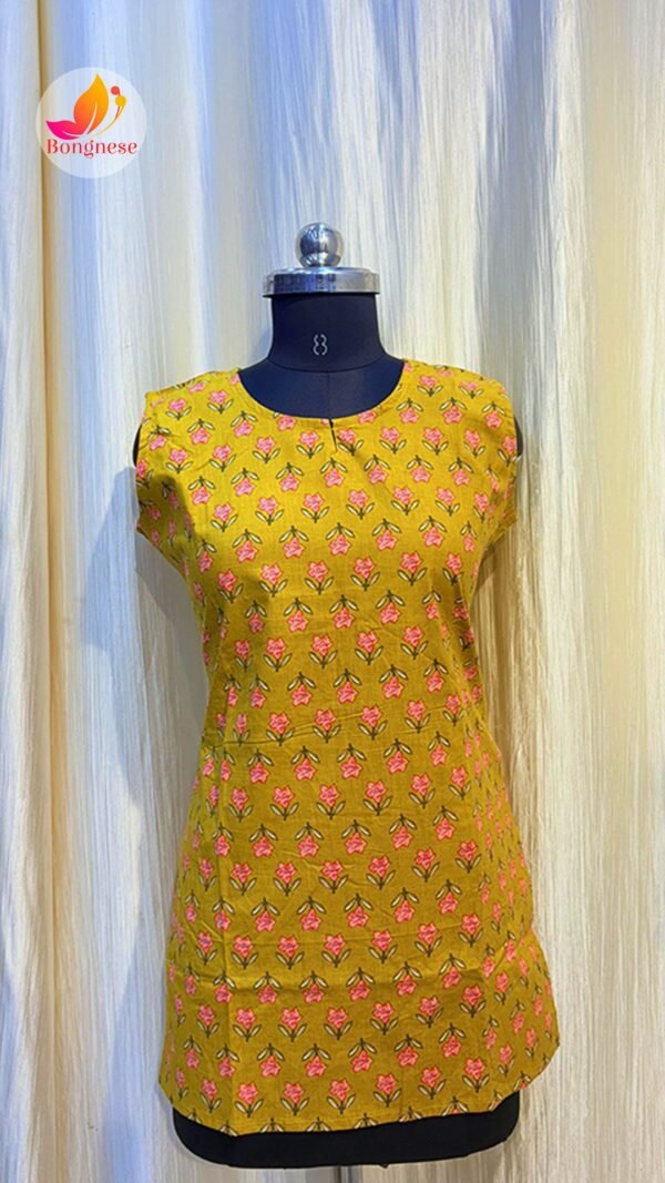 Yellow Flower Printed Sleeveless Short Kurti