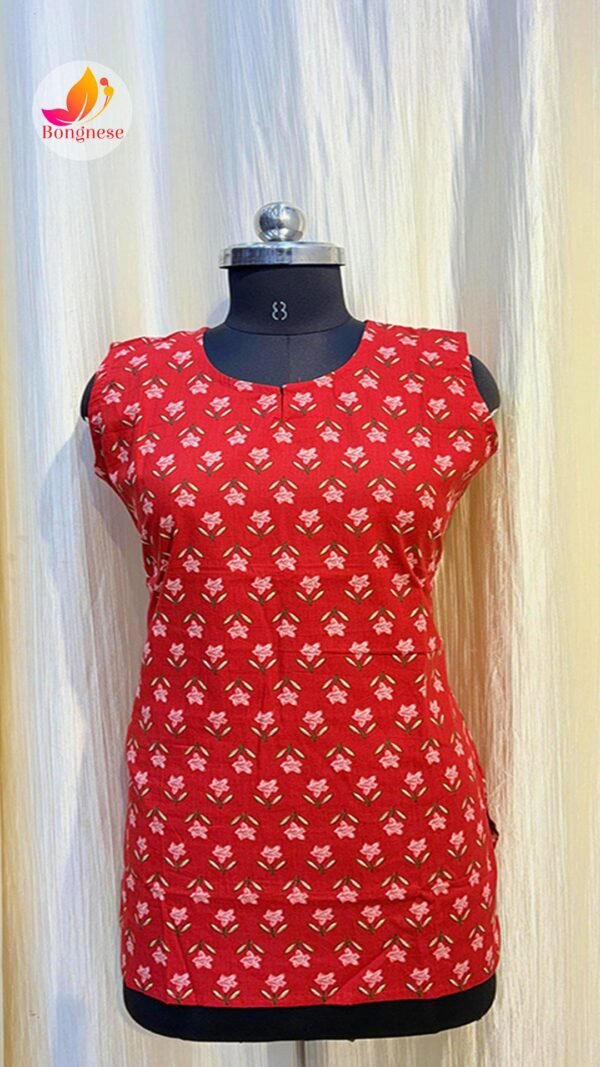 Red Flower Printed Sleeveless Short Kurti