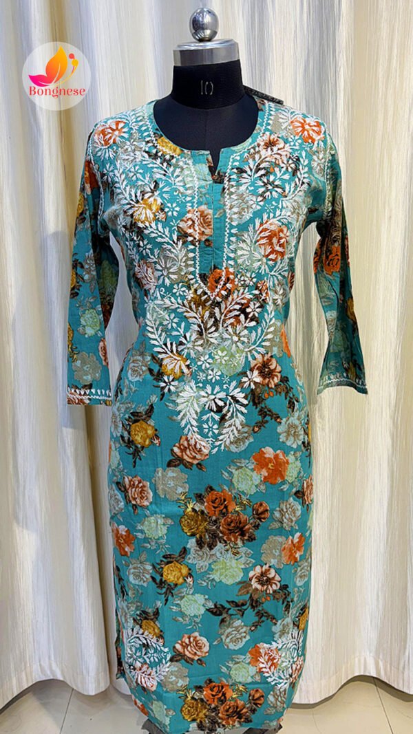 Sky Blue Base Kurti with White Leaf Chikankari on Mul Cotton