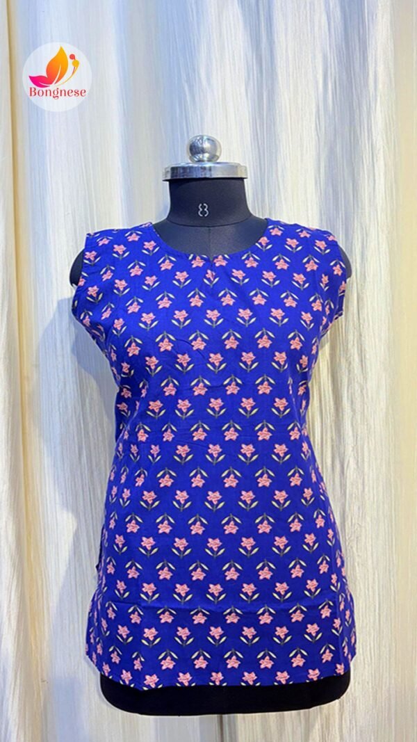 Blue Flower Printed Sleeveless Short Kurti