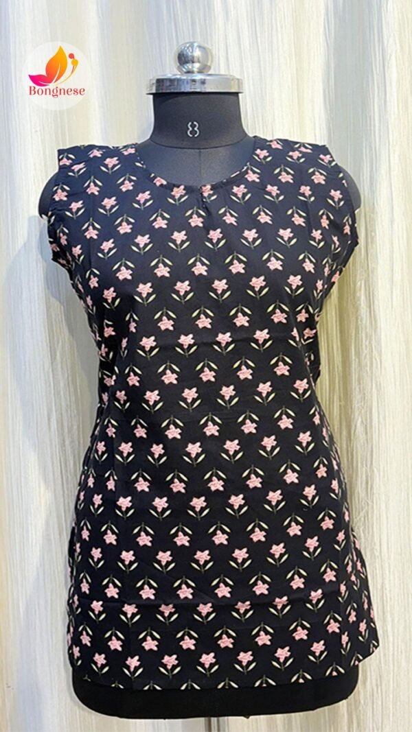 Black Flower Printed Sleeveless Short Kurti
