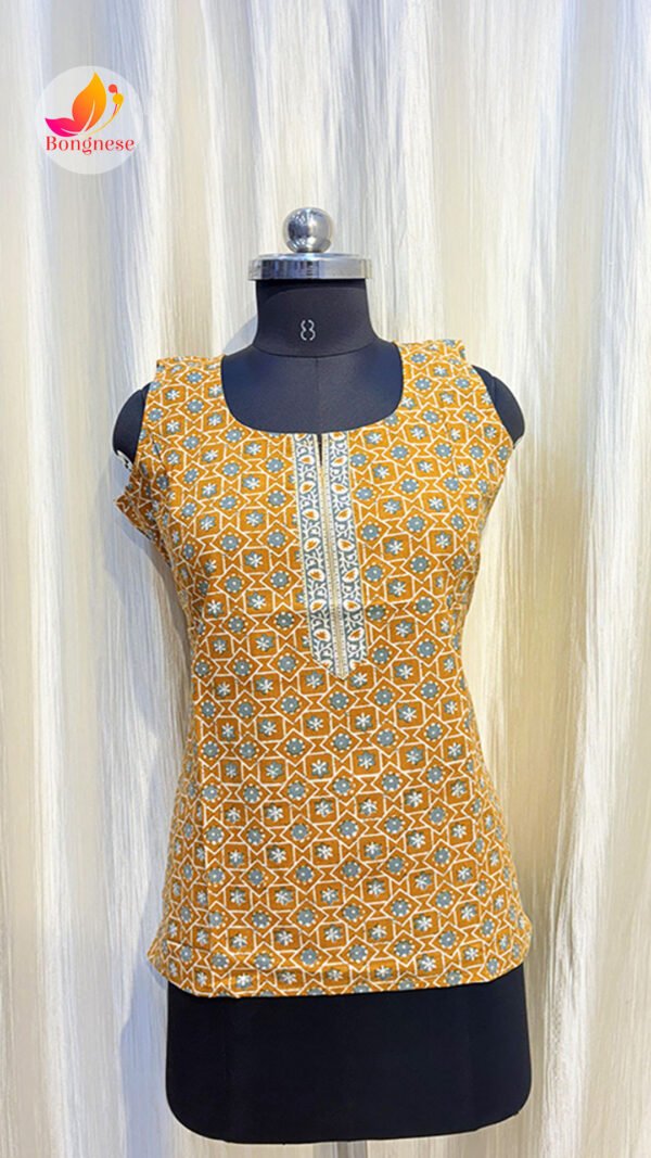 Yellow Printed Sleeveless Short Kurti