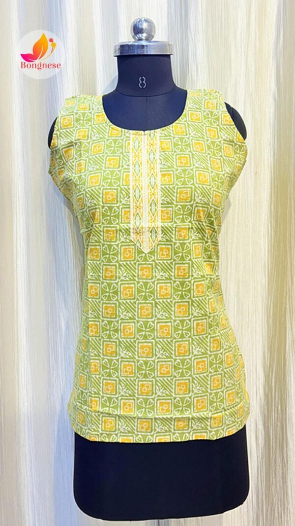 Lemon Green Printed Sleeveless Short Kurti