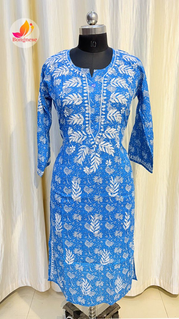Blue Base Kurti with White Leaf Chikankari on Mul Cotton