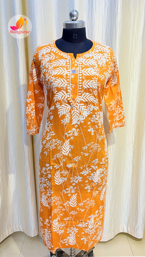 Yellow Base Kurti with White Leaf Design Chikankari on Mul Cotton