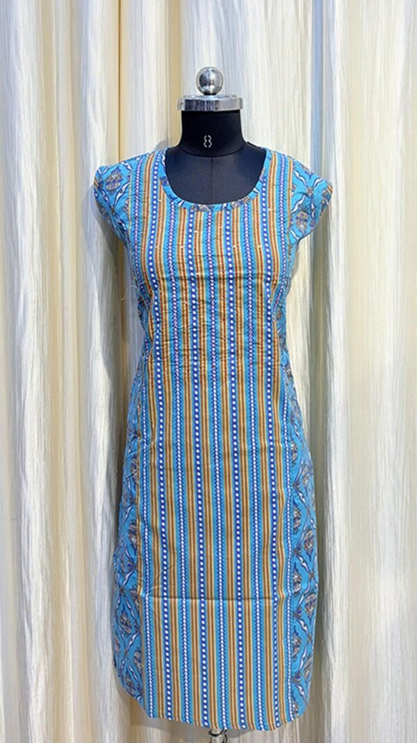 Sky Color Printed Sleeveless Kurti with Cotton Dhaga Work
