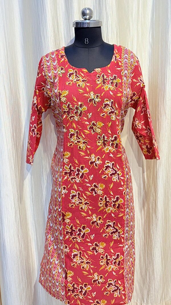 Red Color Flower Printed Kurti with Cotton Dhaga Work