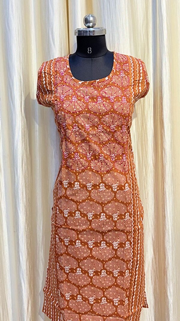 Orange Color Flower Printed Sleeveless Kurti with Cotton Dhaga Work