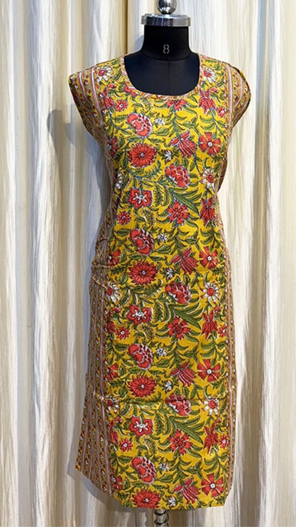 Yellow Color Pink Flower Printed Sleeveless Kurti with Cotton Dhaga Work