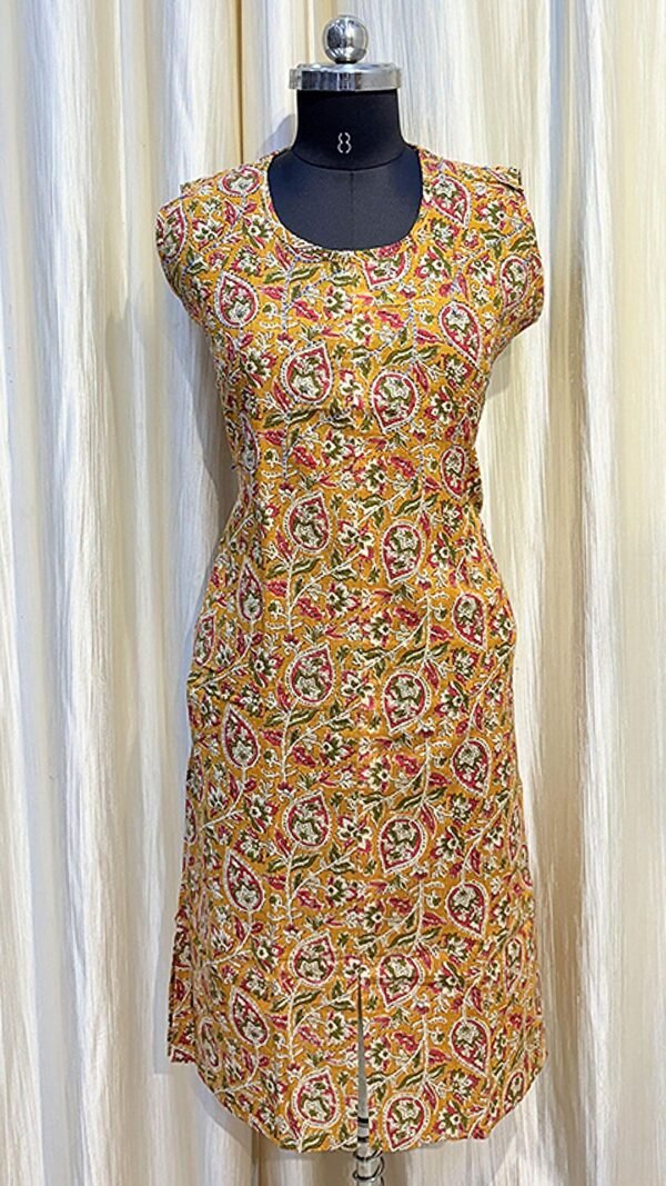 Yellow Color Kalamkari Printed Sleeveless Kurti with Cotton Dhaga Work