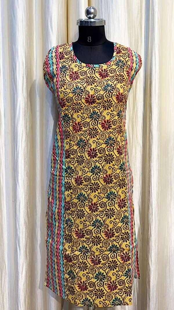 Yellow Color Printed Sleeveless Kurti with Cotton Dhaga Work