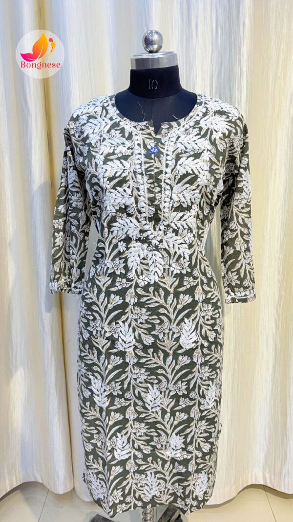 Moss Green Base Kurti with White Chikankari on Mul Cotton