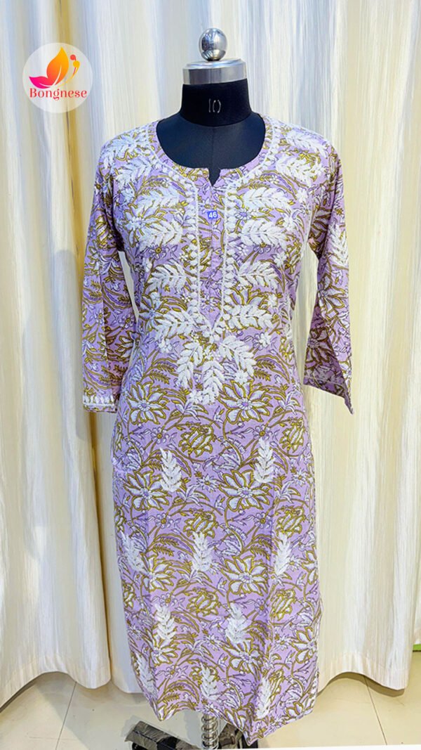 Light Purple Base Kurti with White Leaf Chikankari on Mul Cotton