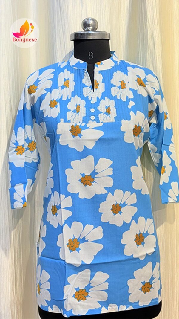 Sky Color Flower Printed Hip-Cover Short Kurti