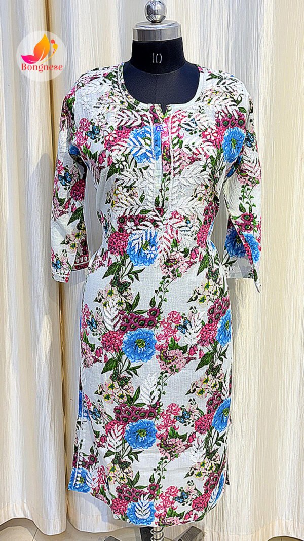 White Kurti with Pink & Blue Floral Print and Chikankari on Mul Cotton Kurti