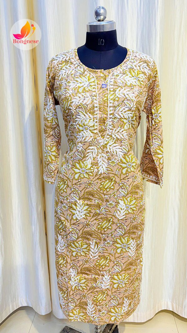 Yellow Base Kurti with White Leaf Chikankari on Mul Cotton