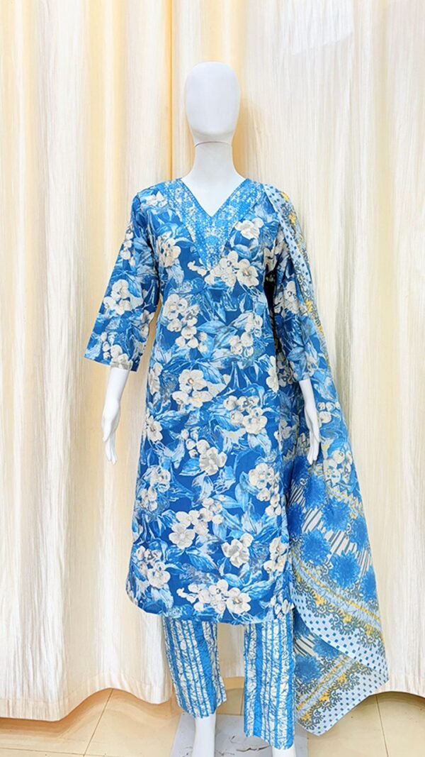 Sky Color Cotton V Neck Design Kurti Set with Dupatta