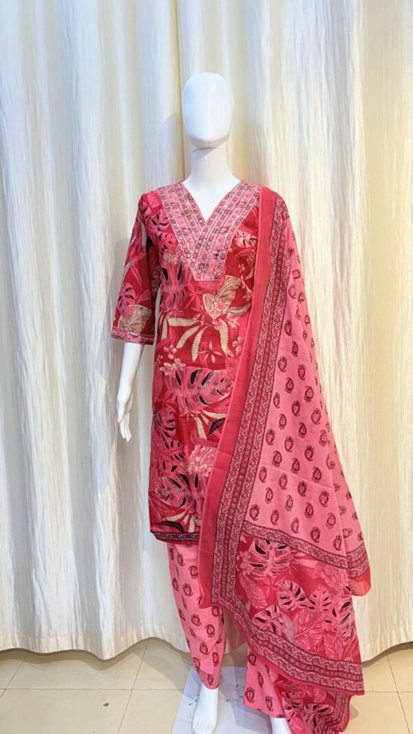 Red Color Cotton V Neck Design Kurti Set With Dupatta